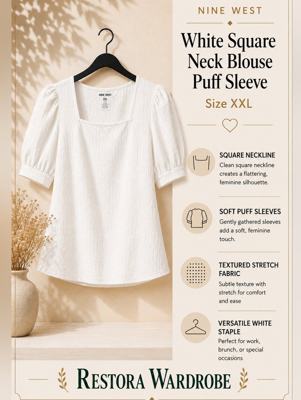 Nine West Romantic White Square Neck Puff Sleeve Blouse XXL